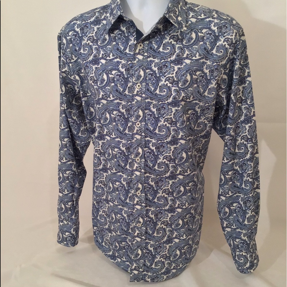 Cremieux Premium Denim Long Sleeve Button Down Shirt Flip Cuff Paisley Sz Large